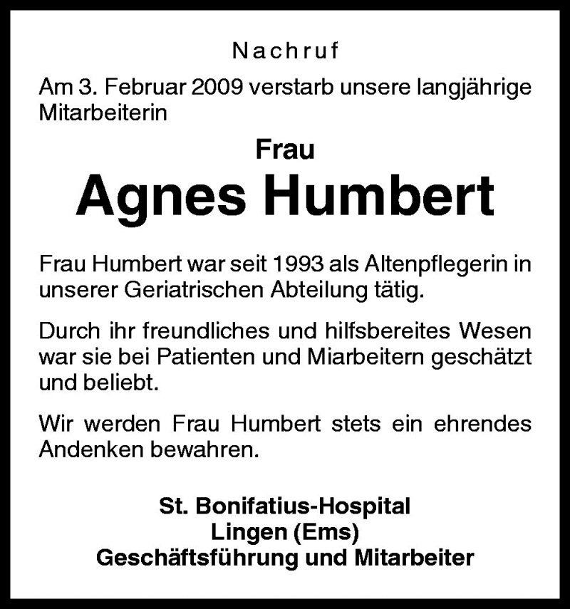  Traueranzeige für Agnes Humbert vom 07.02.2009 aus Neue Osnabrücker Zeitung GmbH & Co. KG