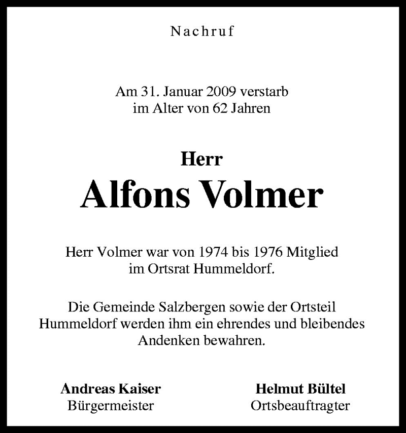  Traueranzeige für Alfons Volmer vom 07.02.2009 aus Neue Osnabrücker Zeitung GmbH & Co. KG