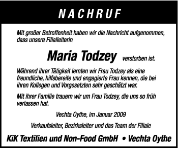 Traueranzeige von Maria Todzey von Neue Osnabrücker Zeitung GmbH & Co. KG