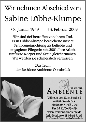 Traueranzeige von Lübbe-Klumpe Sabine von Neue Osnabrücker Zeitung GmbH & Co. KG