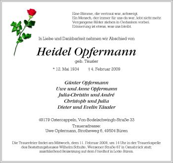 Traueranzeige von Adelheid Opfermann von Neue Osnabrücker Zeitung GmbH & Co. KG