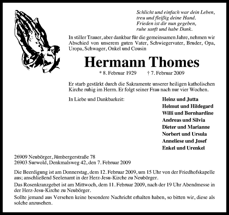  Traueranzeige für Hermann Thomes vom 09.02.2009 aus Neue Osnabrücker Zeitung GmbH & Co. KG