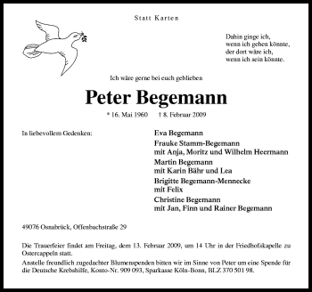 Traueranzeige von Peter Begemann von Neue Osnabrücker Zeitung GmbH & Co. KG