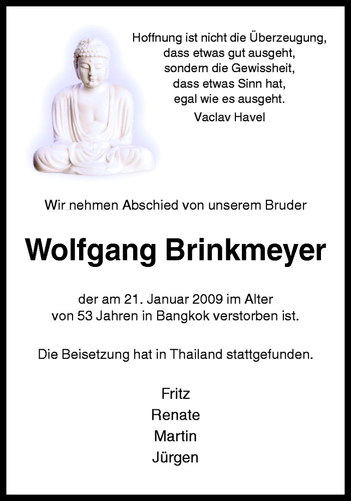  Traueranzeige für Wolfgang Brinkmeyer vom 11.02.2009 aus Neue Osnabrücker Zeitung GmbH & Co. KG