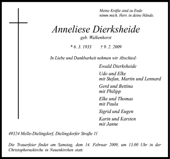 Traueranzeige von Annemarie Dierksheide von Neue Osnabrücker Zeitung GmbH & Co. KG