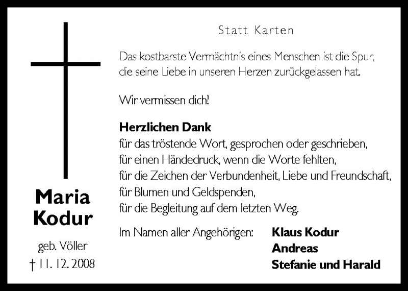  Traueranzeige für Maria Kodur vom 14.02.2009 aus Neue Osnabrücker Zeitung GmbH & Co. KG
