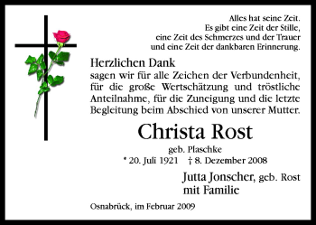 Traueranzeige von Christa Rost von Neue Osnabrücker Zeitung GmbH & Co. KG