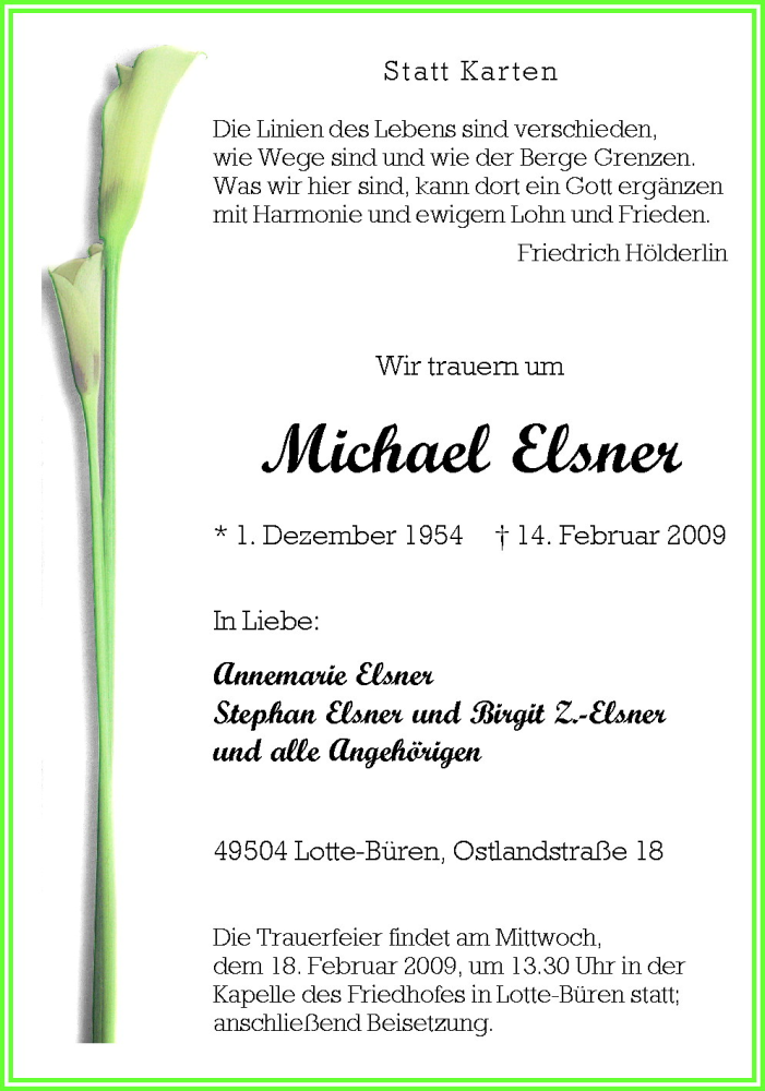  Traueranzeige für Michael Elsner vom 16.02.2009 aus Neue Osnabrücker Zeitung GmbH & Co. KG