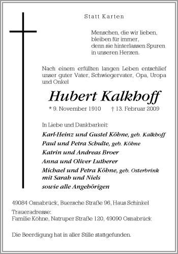 Traueranzeige von Hubert Kalkhoff von Neue Osnabrücker Zeitung GmbH & Co. KG