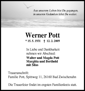 Traueranzeige von Werner Pott von Neue Osnabrücker Zeitung GmbH & Co. KG