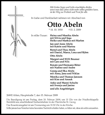 Traueranzeige von Otto Abeln von Neue Osnabrücker Zeitung GmbH & Co. KG