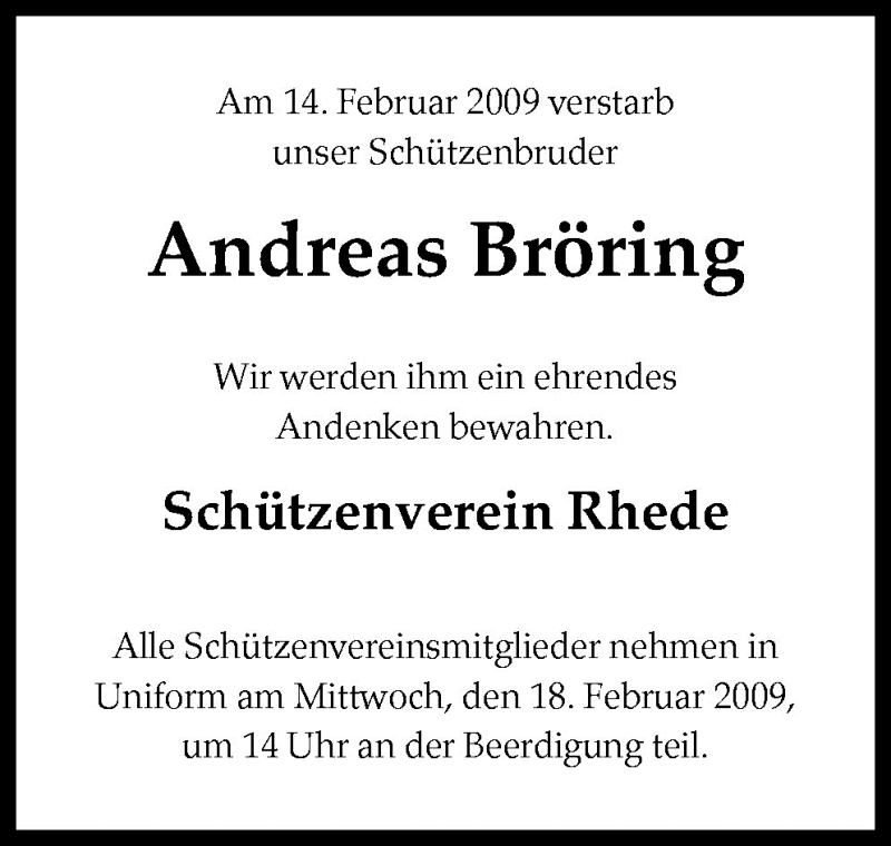  Traueranzeige für Andreas Bröring vom 17.02.2009 aus Neue Osnabrücker Zeitung GmbH & Co. KG