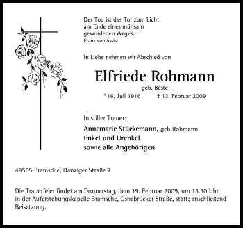 Traueranzeige von Elfriede Rohmann von Neue Osnabrücker Zeitung GmbH & Co. KG