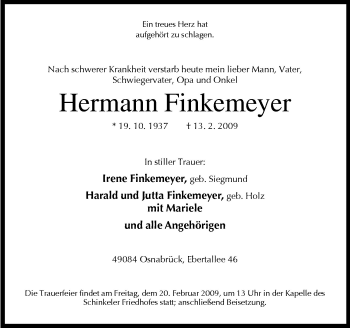 Traueranzeige von Hermann Finkemeyer von Neue Osnabrücker Zeitung GmbH & Co. KG