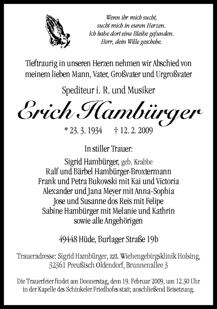  Traueranzeige für Erich Hambürger vom 17.02.2009 aus Neue Osnabrücker Zeitung GmbH & Co. KG