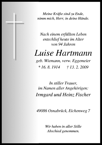 Traueranzeige von Luise Hartmann von Neue Osnabrücker Zeitung GmbH & Co. KG