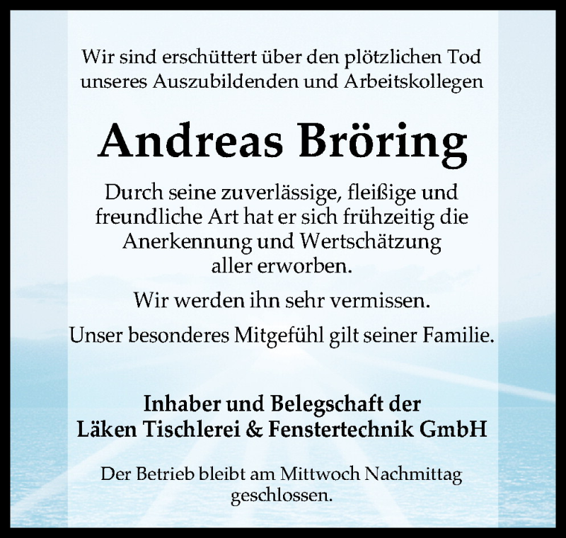  Traueranzeige für Andreas Bröring vom 17.02.2009 aus Neue Osnabrücker Zeitung GmbH & Co. KG
