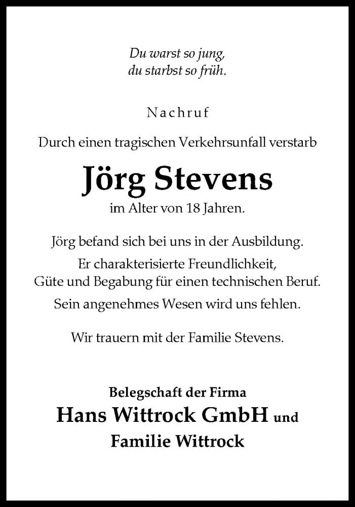  Traueranzeige für Jörg Stevens vom 17.02.2009 aus Neue Osnabrücker Zeitung GmbH & Co. KG