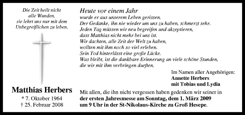  Traueranzeige für Matthias Herbers vom 25.02.2009 aus Neue Osnabrücker Zeitung GmbH & Co. KG