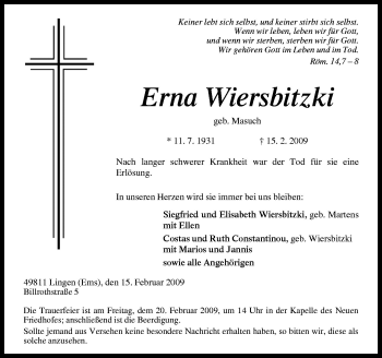 Traueranzeige von Erna Wiersbitzki von Neue Osnabrücker Zeitung GmbH & Co. KG