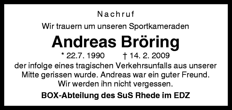  Traueranzeige für Andreas Bröring vom 18.02.2009 aus Neue Osnabrücker Zeitung GmbH & Co. KG