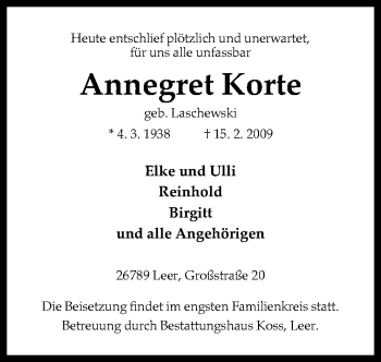 Traueranzeige von Annegret Korte von Neue Osnabrücker Zeitung GmbH & Co. KG