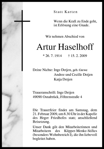 Traueranzeige von Artur Haselhoff von Neue Osnabrücker Zeitung GmbH & Co. KG
