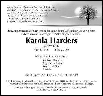 Traueranzeige von Karola Harders von Neue Osnabrücker Zeitung GmbH & Co. KG