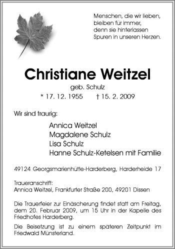 Traueranzeige von Christiane Weitzel von Neue Osnabrücker Zeitung GmbH & Co. KG