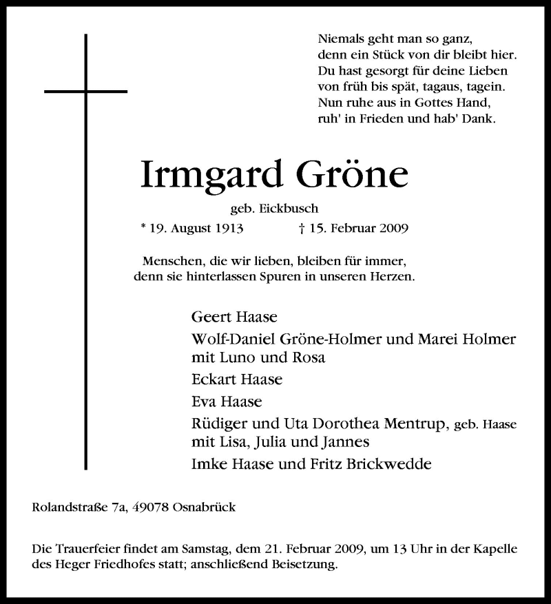  Traueranzeige für Irmgard Gröne vom 18.02.2009 aus Neue Osnabrücker Zeitung GmbH & Co. KG