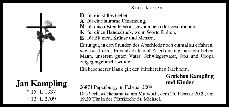  Traueranzeige für Jan Kampling vom 21.02.2009 aus Neue Osnabrücker Zeitung GmbH & Co. KG