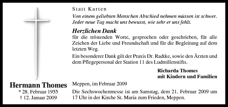  Traueranzeige für Hermann Thomes vom 18.02.2009 aus Neue Osnabrücker Zeitung GmbH & Co. KG