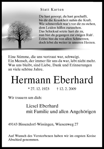 Traueranzeige von Hermann Eberhard von Neue Osnabrücker Zeitung GmbH & Co. KG