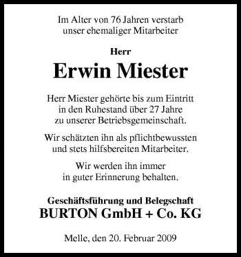 Traueranzeige von Erwin Miester von Neue Osnabrücker Zeitung GmbH & Co. KG