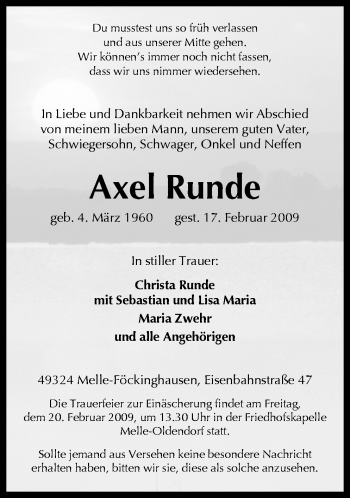 Traueranzeige von Axel Runde von Neue Osnabrücker Zeitung GmbH & Co. KG