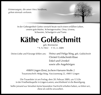 Traueranzeige von Käthe Goldschmitt von Neue Osnabrücker Zeitung GmbH & Co. KG