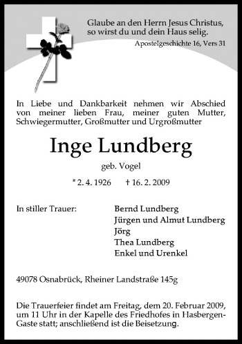 Traueranzeige von Inge Lundberg von Neue Osnabrücker Zeitung GmbH & Co. KG