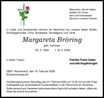 Traueranzeige von Margareta Bröring von Neue Osnabrücker Zeitung GmbH & Co. KG
