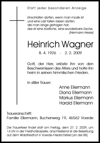 Traueranzeige von Heinrich Wagnern von Neue Osnabrücker Zeitung GmbH & Co. KG