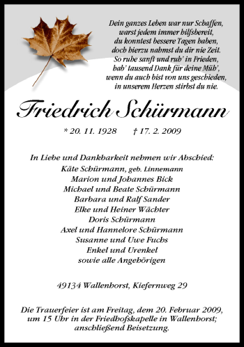 Traueranzeige von Friedrich Schürmann von Neue Osnabrücker Zeitung GmbH & Co. KG
