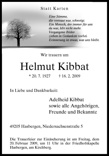 Traueranzeige von Helmut Kibbat von Neue Osnabrücker Zeitung GmbH & Co. KG