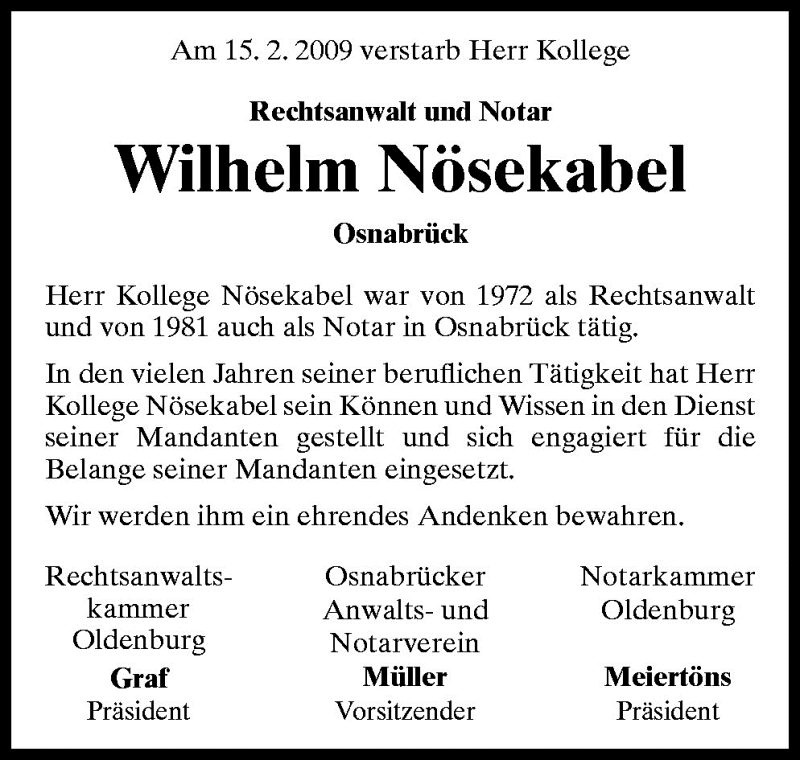  Traueranzeige für Wilhelm Nösekabel vom 19.02.2009 aus Neue Osnabrücker Zeitung GmbH & Co. KG