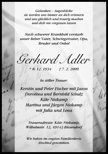 Traueranzeige von Gerhard Adler von Neue Osnabrücker Zeitung GmbH & Co. KG