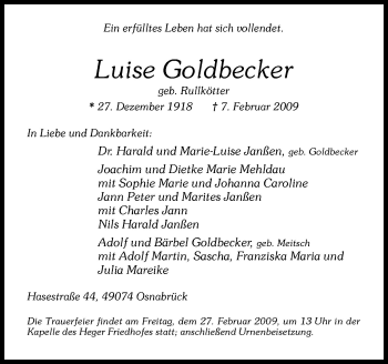 Traueranzeige von Luise Goldbecker von Neue Osnabrücker Zeitung GmbH & Co. KG