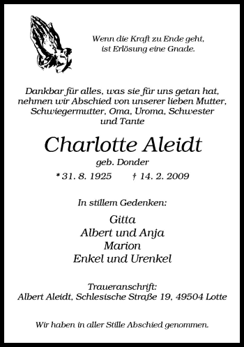 Traueranzeige von Charlotte Aleidt von Neue Osnabrücker Zeitung GmbH & Co. KG