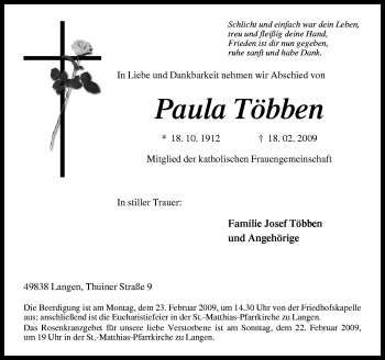 Traueranzeige von Paula Többen von Neue Osnabrücker Zeitung GmbH & Co. KG