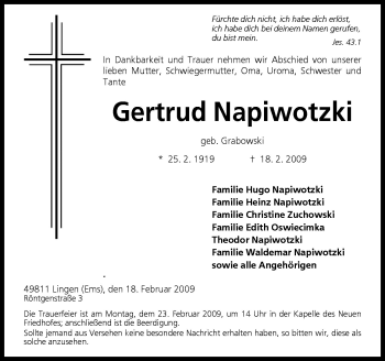 Traueranzeige von Gertrud Napiwotzki von Neue Osnabrücker Zeitung GmbH & Co. KG
