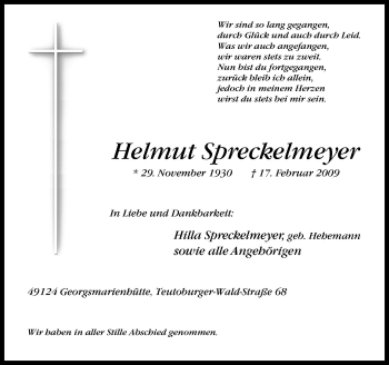 Traueranzeige von Helmut Spreckelmeyer von Neue Osnabrücker Zeitung GmbH & Co. KG