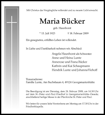 Traueranzeige von Maria Bücker von Neue Osnabrücker Zeitung GmbH & Co. KG