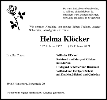 Traueranzeige von Helma Klöcker von Neue Osnabrücker Zeitung GmbH & Co. KG